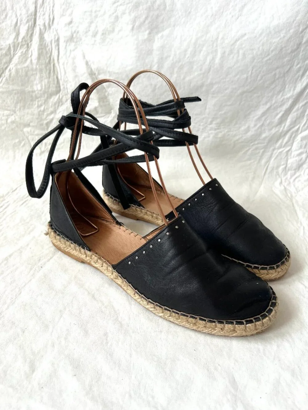 All Saints espadrilles 37 7 womens black leather flats ankle tie lace up studded